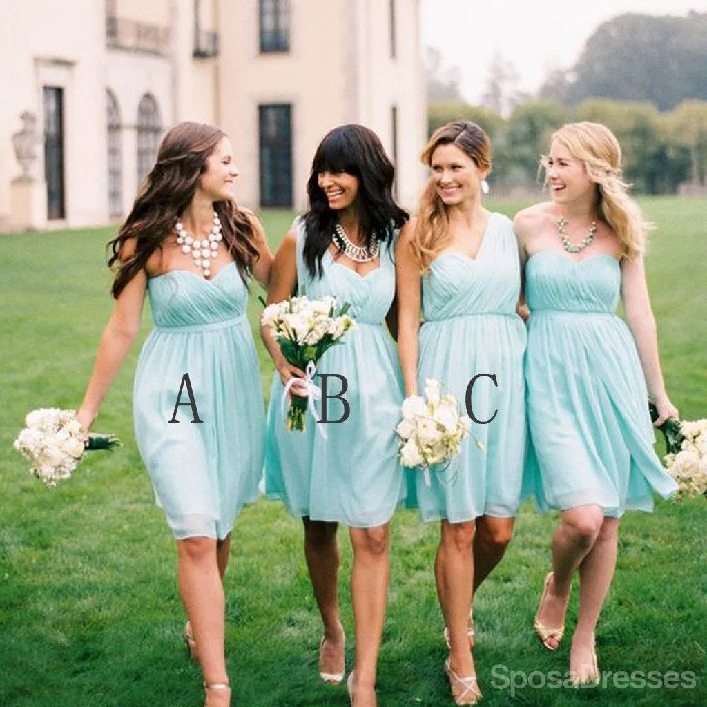 Chiffon Mismatched Simple Junior Knee Length Blue Cheap Bridesmaid Dresses, WG157