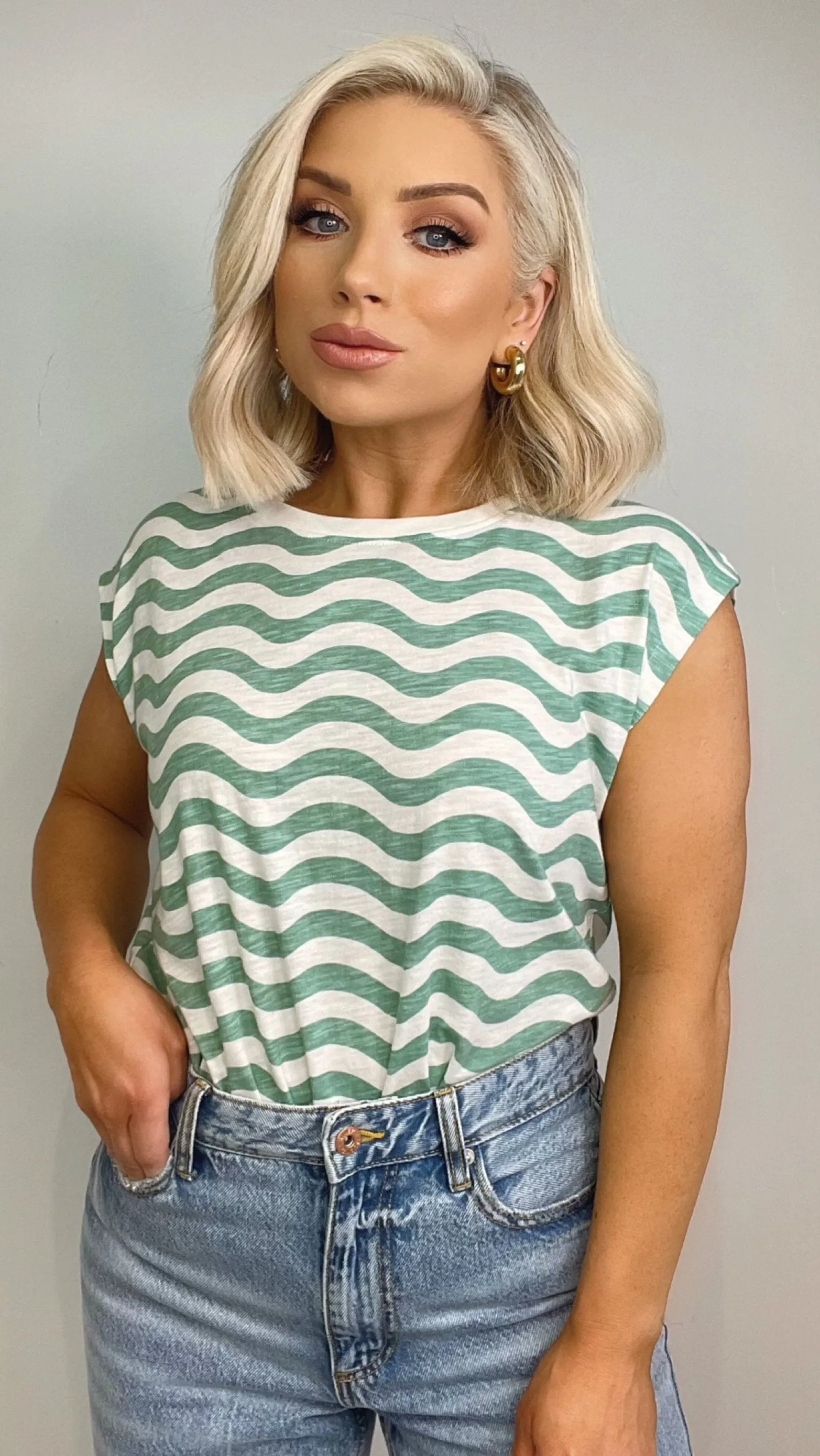 CHRISTY TANK T-SHIRT - IVORY/SEA GREEN