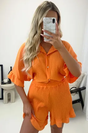 Colette Orange Plisse Pleated Frill Hem Shirt and Shorts Co-Ord Set