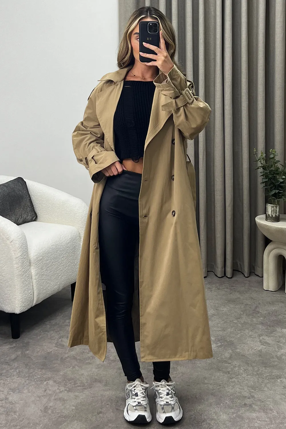 Coreen Beige Belted Button Up Trench Longline Coat