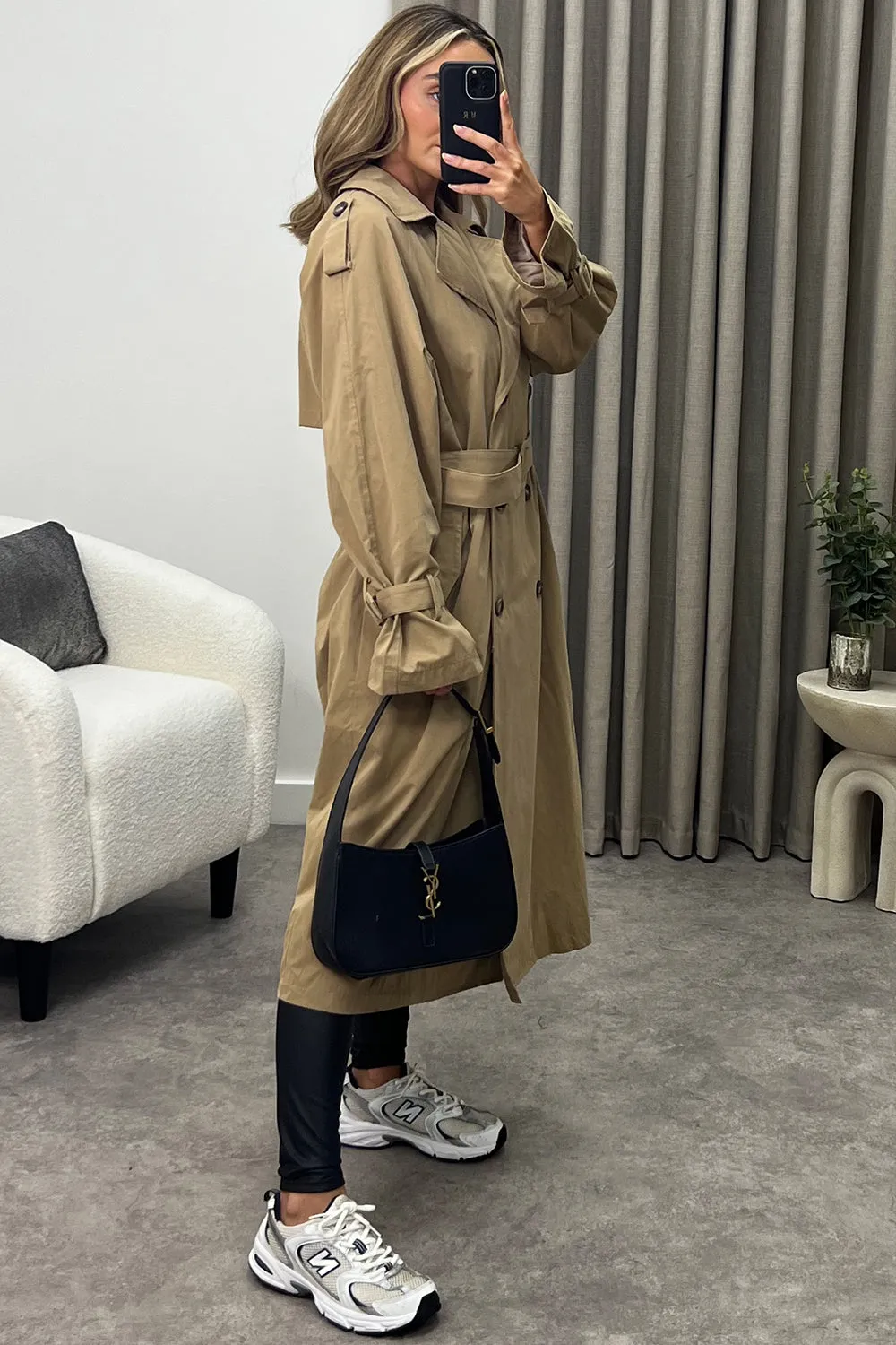 Coreen Beige Belted Button Up Trench Longline Coat