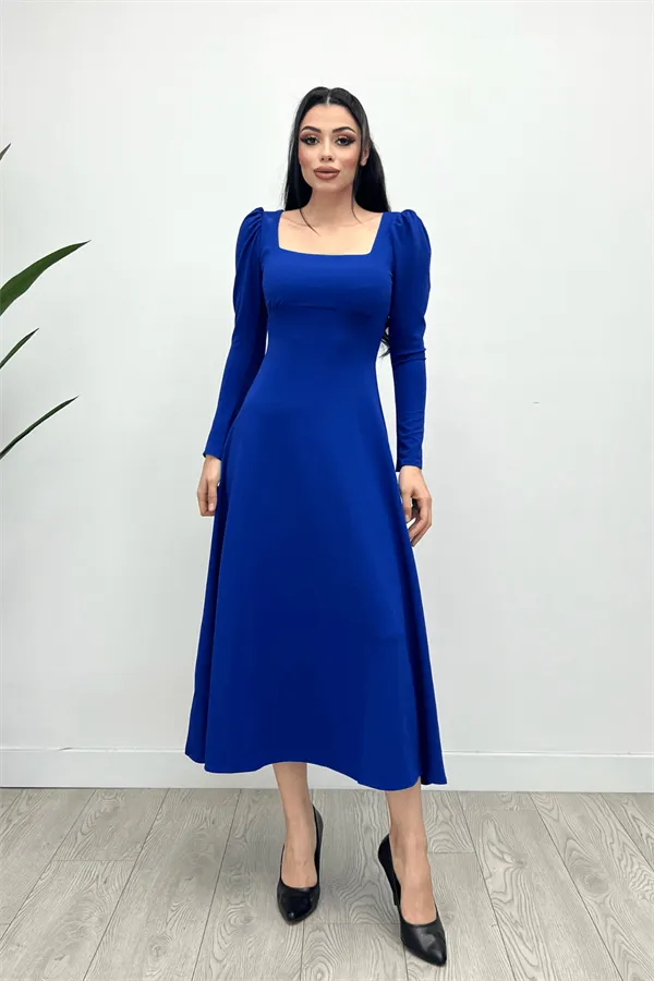 Crepe Fabric Square Collar Midi Dress - Saks Blue