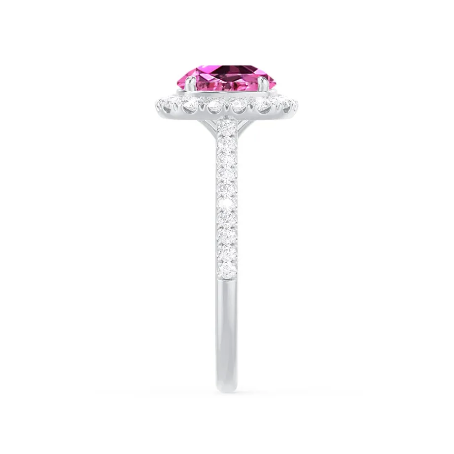 DARLEY - Chatham® Pink Sapphire Elongated Cushion Micro Pavé 950 Platinum Halo