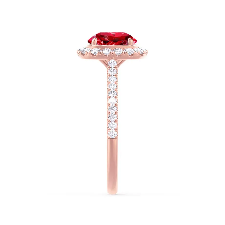 DARLEY - Chatham® Ruby Elongated Cushion Micro Pavé 18k Rose Gold Halo