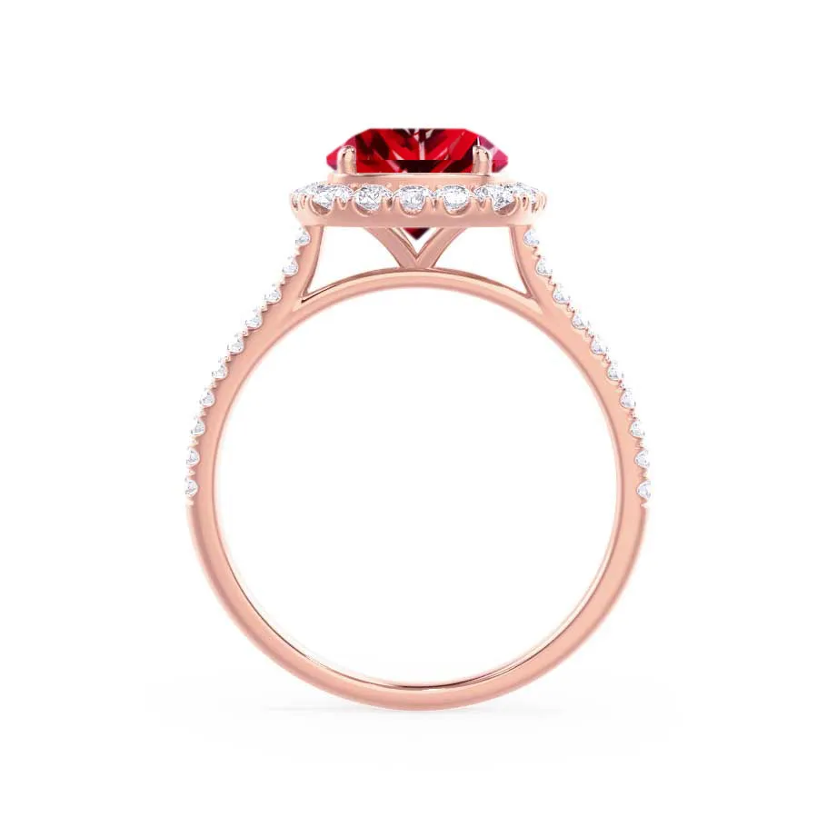 DARLEY - Chatham® Ruby Elongated Cushion Micro Pavé 18k Rose Gold Halo