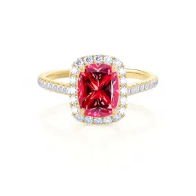 DARLEY - Chatham® Ruby Elongated Cushion Micro Pavé 18k Yellow Gold Halo