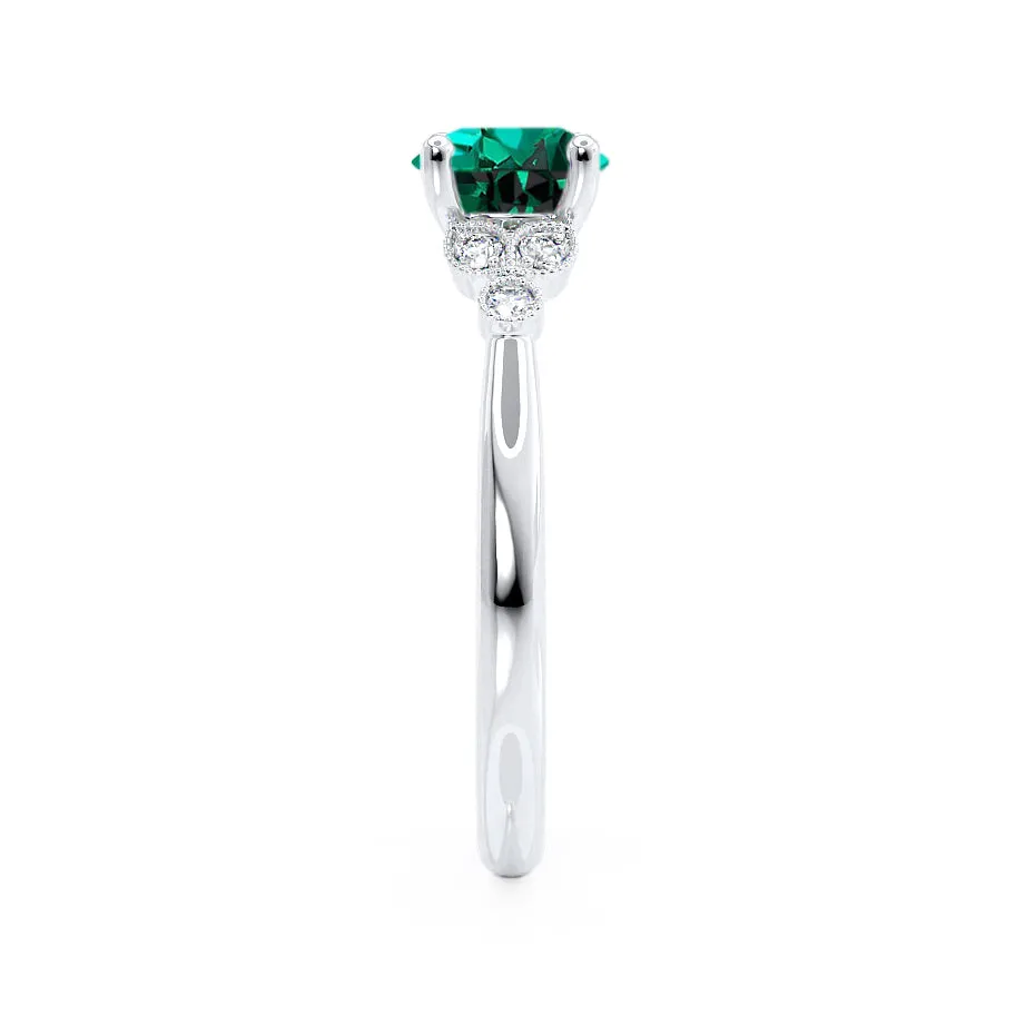 DELILAH - Chatham® Round Emerald 18k White Gold Shoulder Set Ring