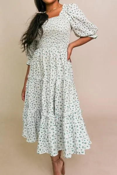 Ditsy Micro Floral Smocked Bodice Ruffle Midi Dress Puff Sleeve