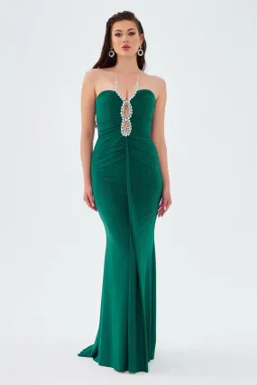 Emerald Sandy Neck Stone Long Evening Dress