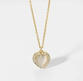 Gold-Plated Stainless-Steel Opal Heart Pendant Necklace