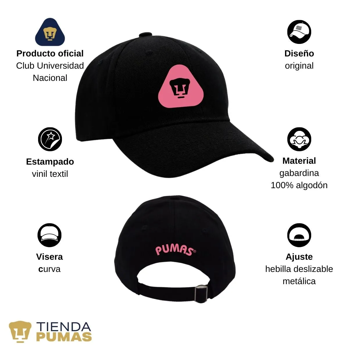 Gorra Pumas UNAM Hombre Mujer Ajustable Emblema Rosa 5 Vinil