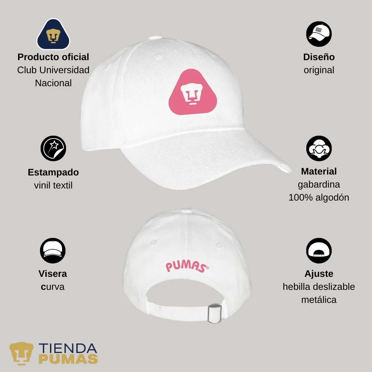 Gorra Pumas UNAM Hombre Mujer Ajustable Emblema Rosa 5 Vinil