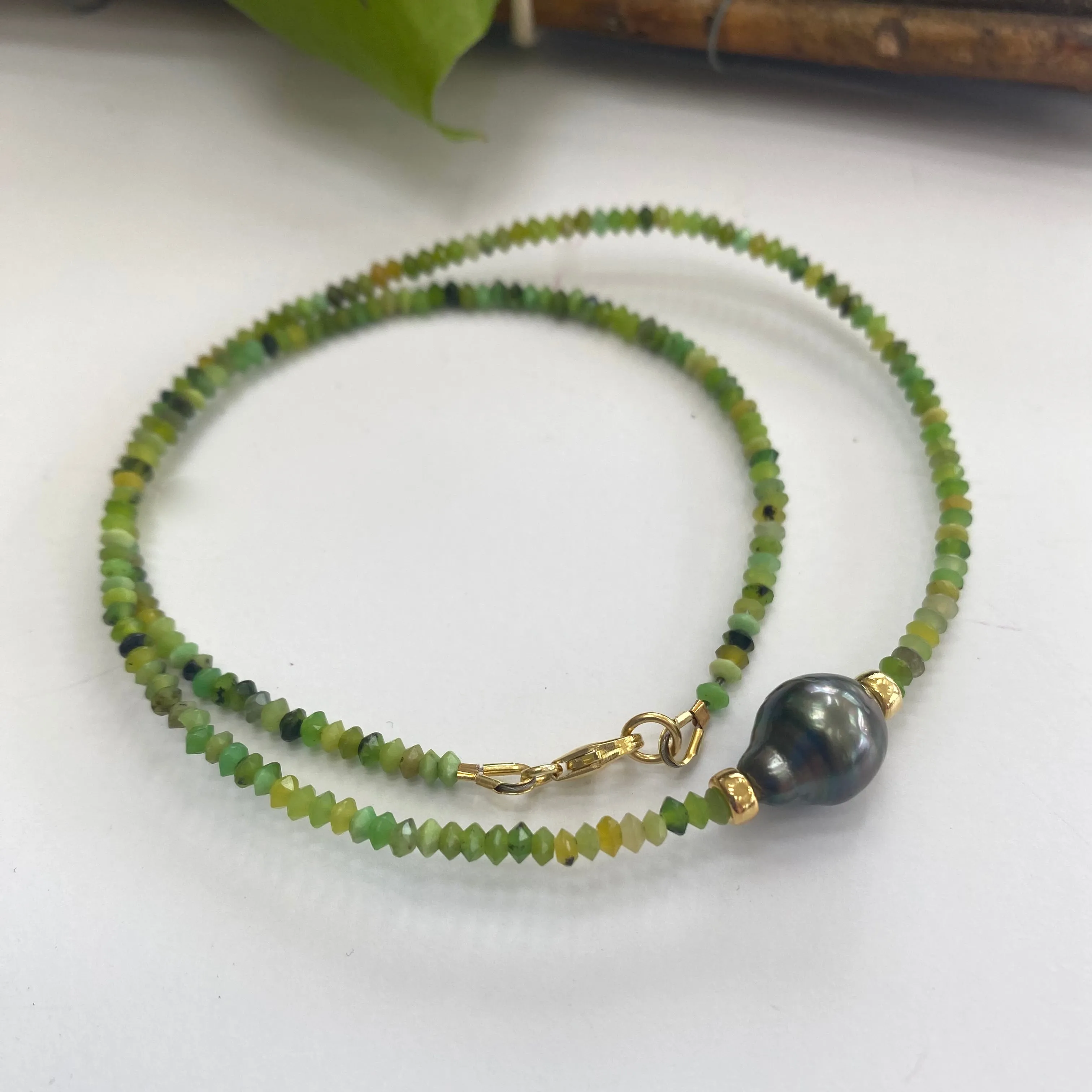 Green Chrysoprase Beaded Necklace & Tahitian Baroque Pearl, Gold Vermeil Plated Silver, 16.5inch