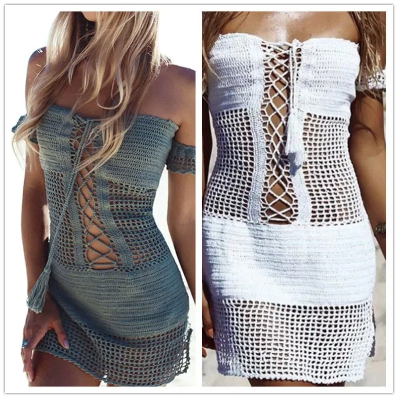 Hand Crocheting off-Shoulder Slim Dress Sexy Hollow Out Cutout Knitted Beach Cover-up Swimsuit