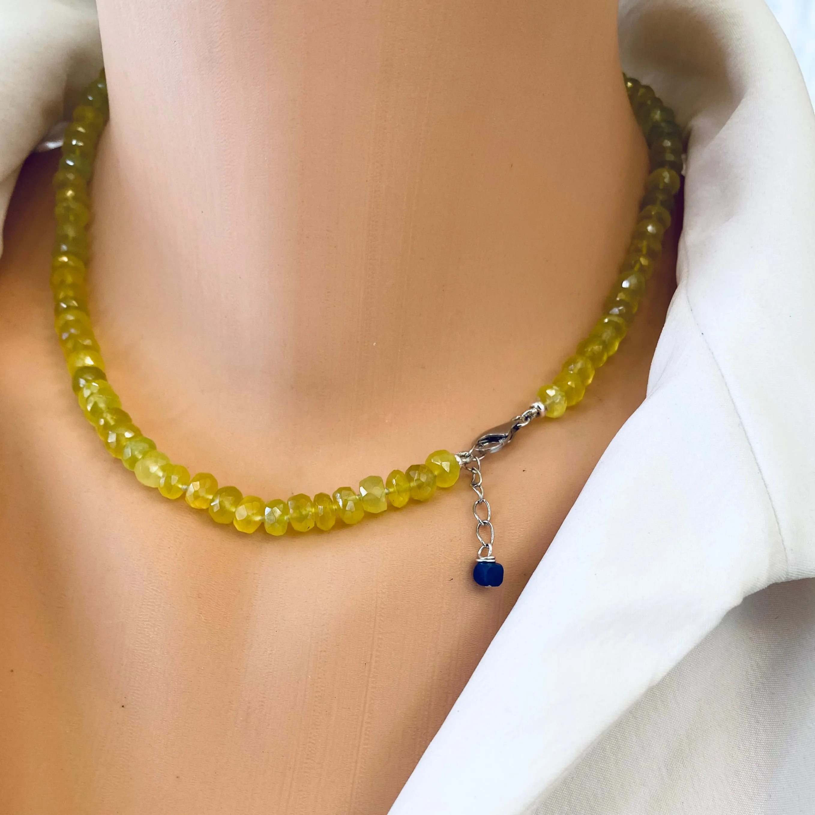 Hand Knotted Yellow Green Chalcedony Candy Necklace, 16.5inches, Sterling Silver