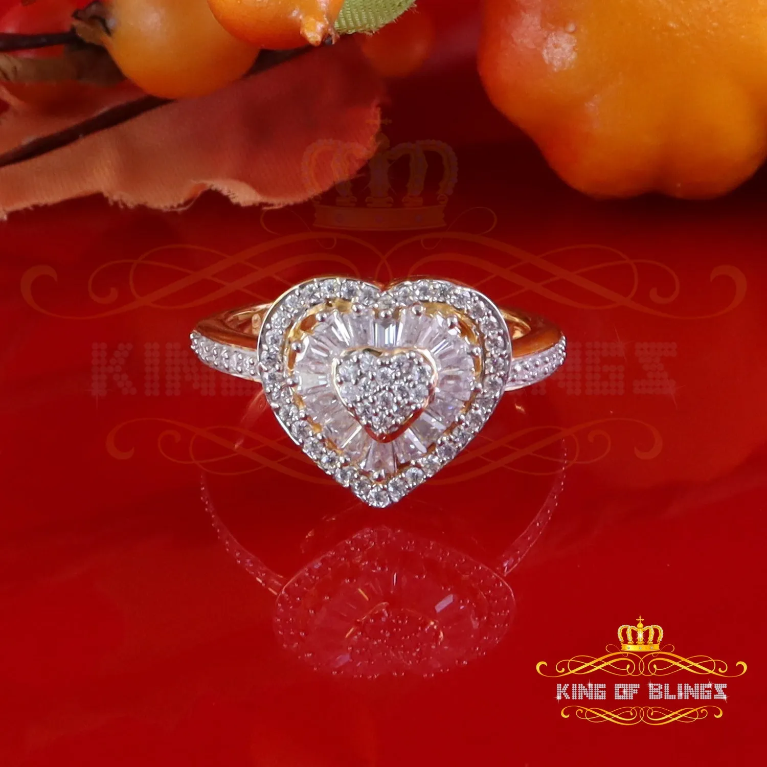 King of Bling's Women's 925 Yellow Silver 1.00ct VVS 'D' Baguette Moissanite Heart Ring Size 7