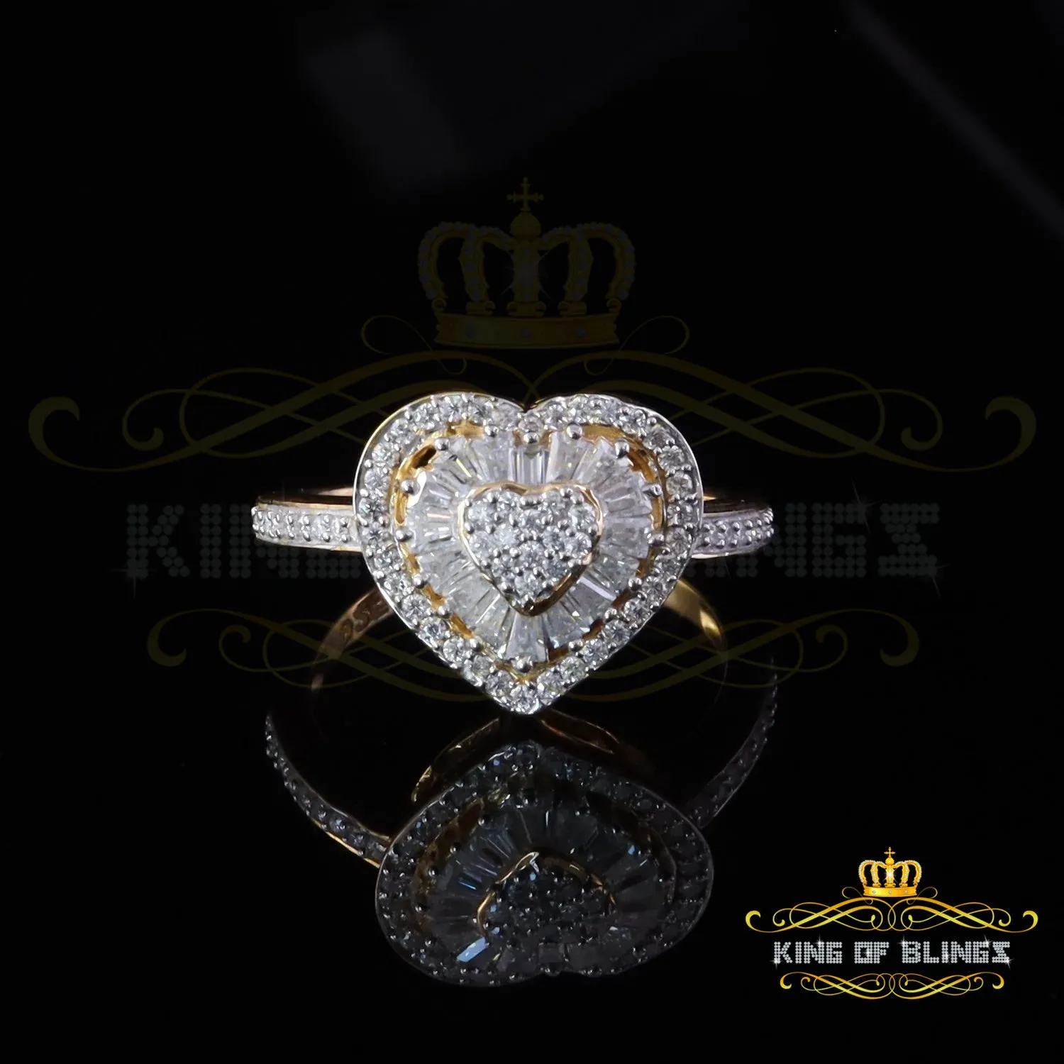 King of Bling's Women's 925 Yellow Silver 1.00ct VVS 'D' Baguette Moissanite Heart Ring Size 7