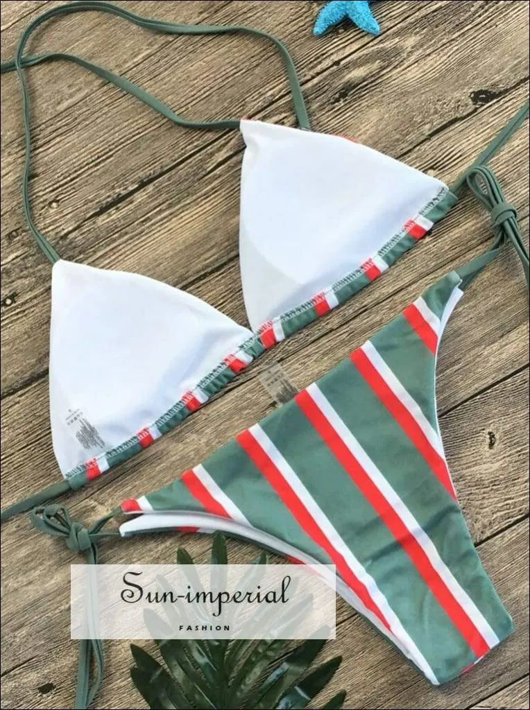 Ladies Striped Print Beach Swimwear Two-piece Fashion Bikini Set High Waist Push-up Bra Straps