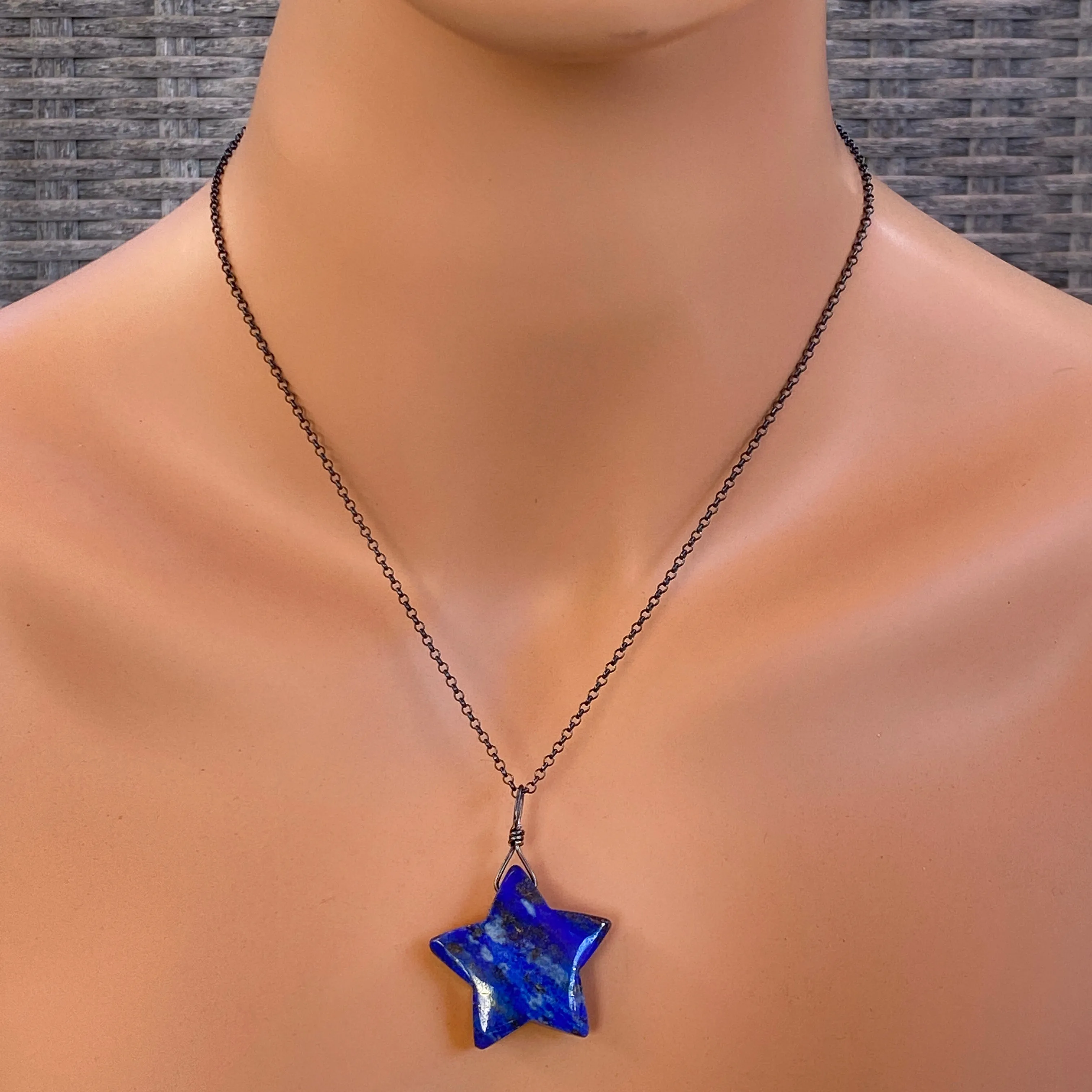 Lapis Lazuli Star on Oxidized Sterling Silver Chain