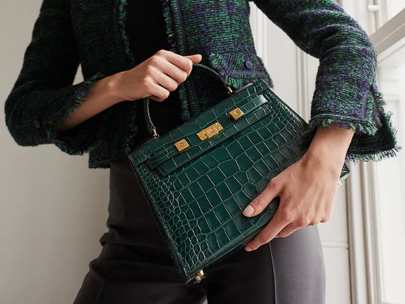 Maya Large Orinoco 'Croc' Print Calf Leather Handbag - Dark Green