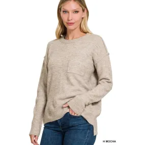 MELANGE HI-LOW HEM ROUND NECK SWEATER