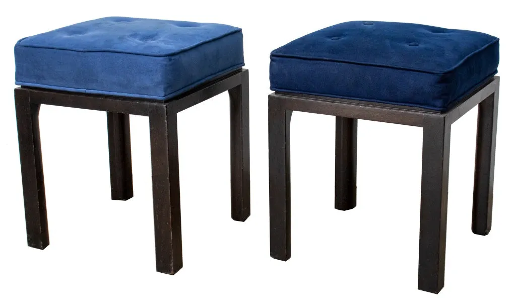 Mid-Century Blue Suede Upholstered Stools, Pair