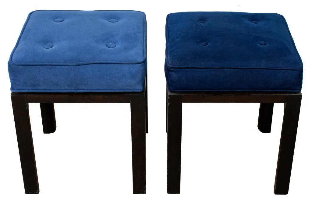 Mid-Century Blue Suede Upholstered Stools, Pair