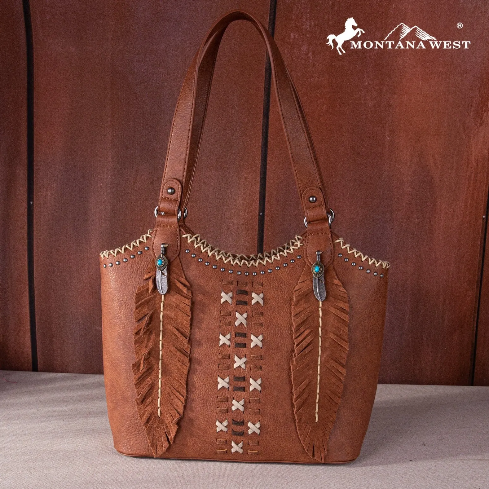 Montana West Feather Whipstitch Tote Bag