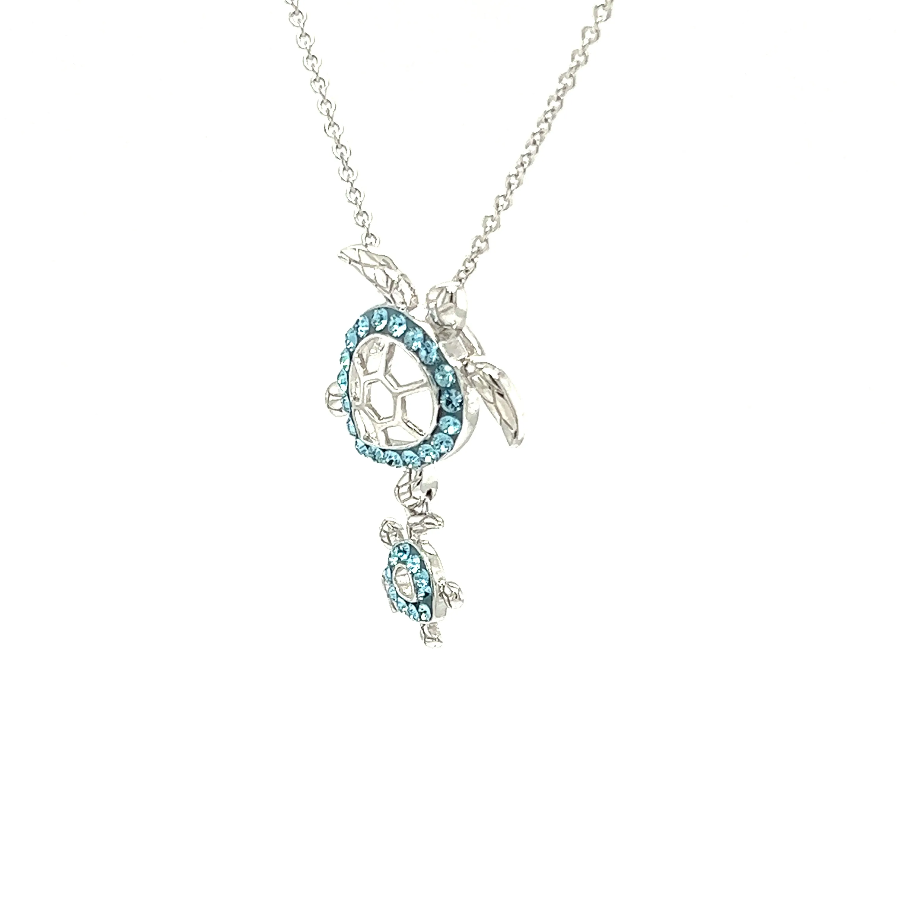 Mother and Baby Sea Turtle Necklace with Aqua Crystals in Sterling Silver