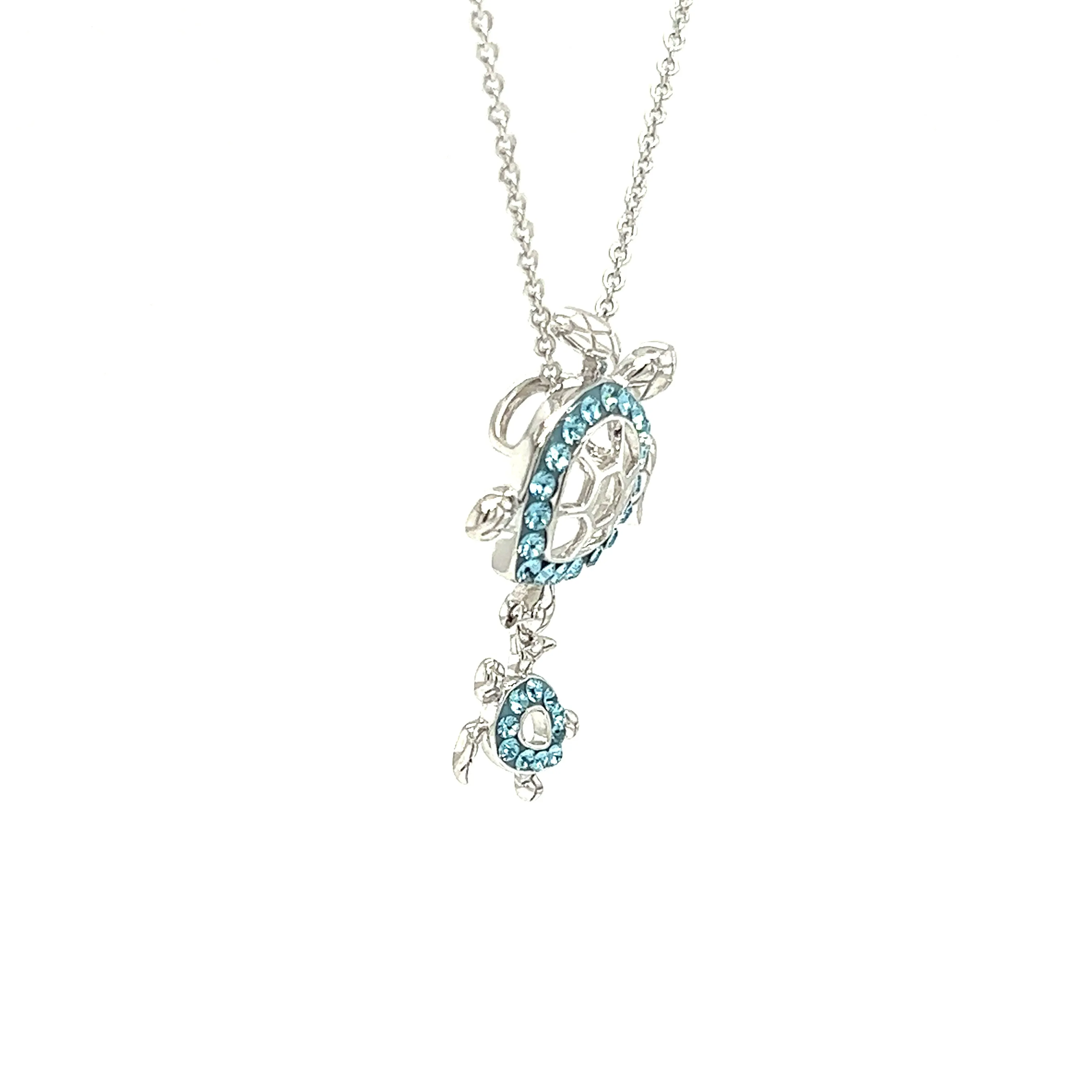 Mother and Baby Sea Turtle Necklace with Aqua Crystals in Sterling Silver