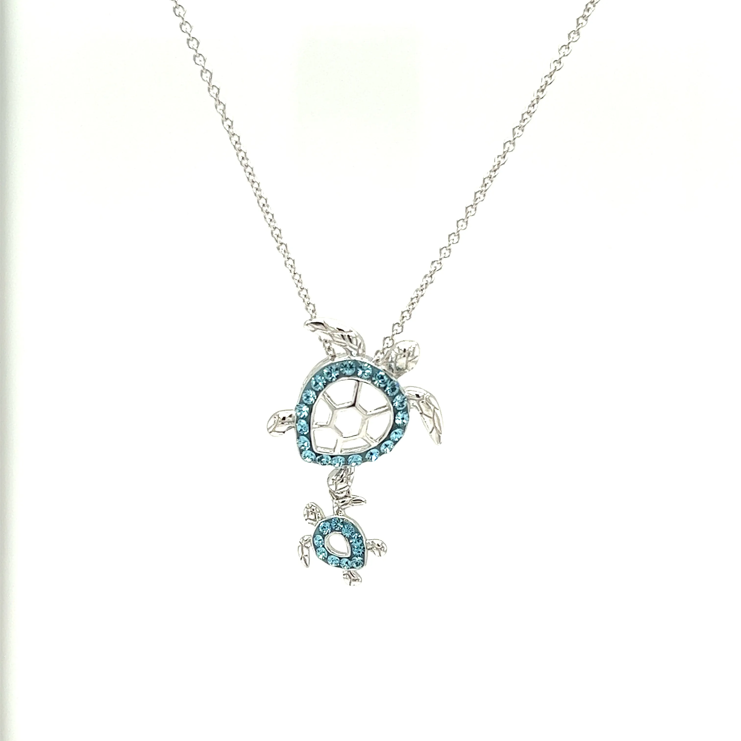 Mother and Baby Sea Turtle Necklace with Aqua Crystals in Sterling Silver