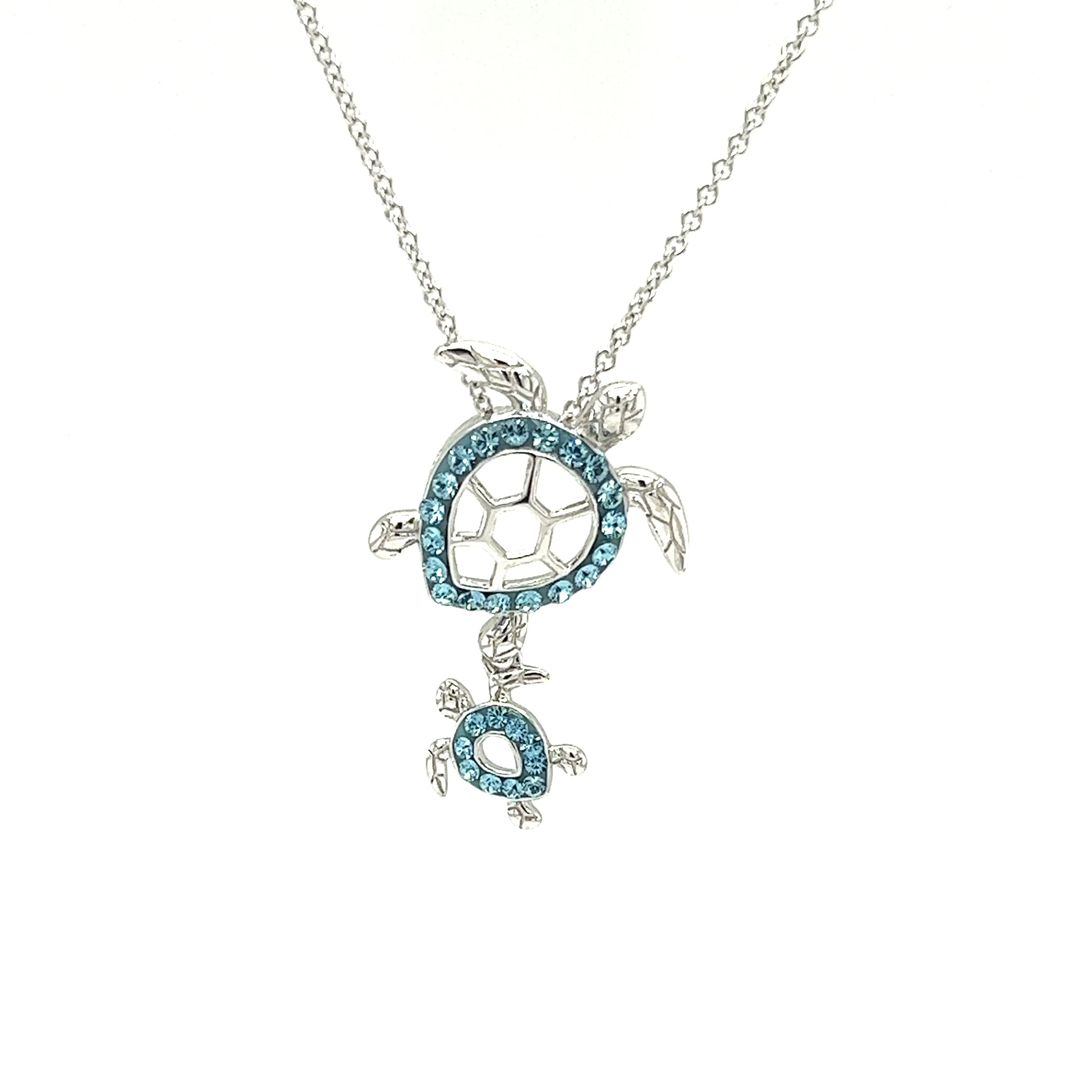 Mother and Baby Sea Turtle Necklace with Aqua Crystals in Sterling Silver