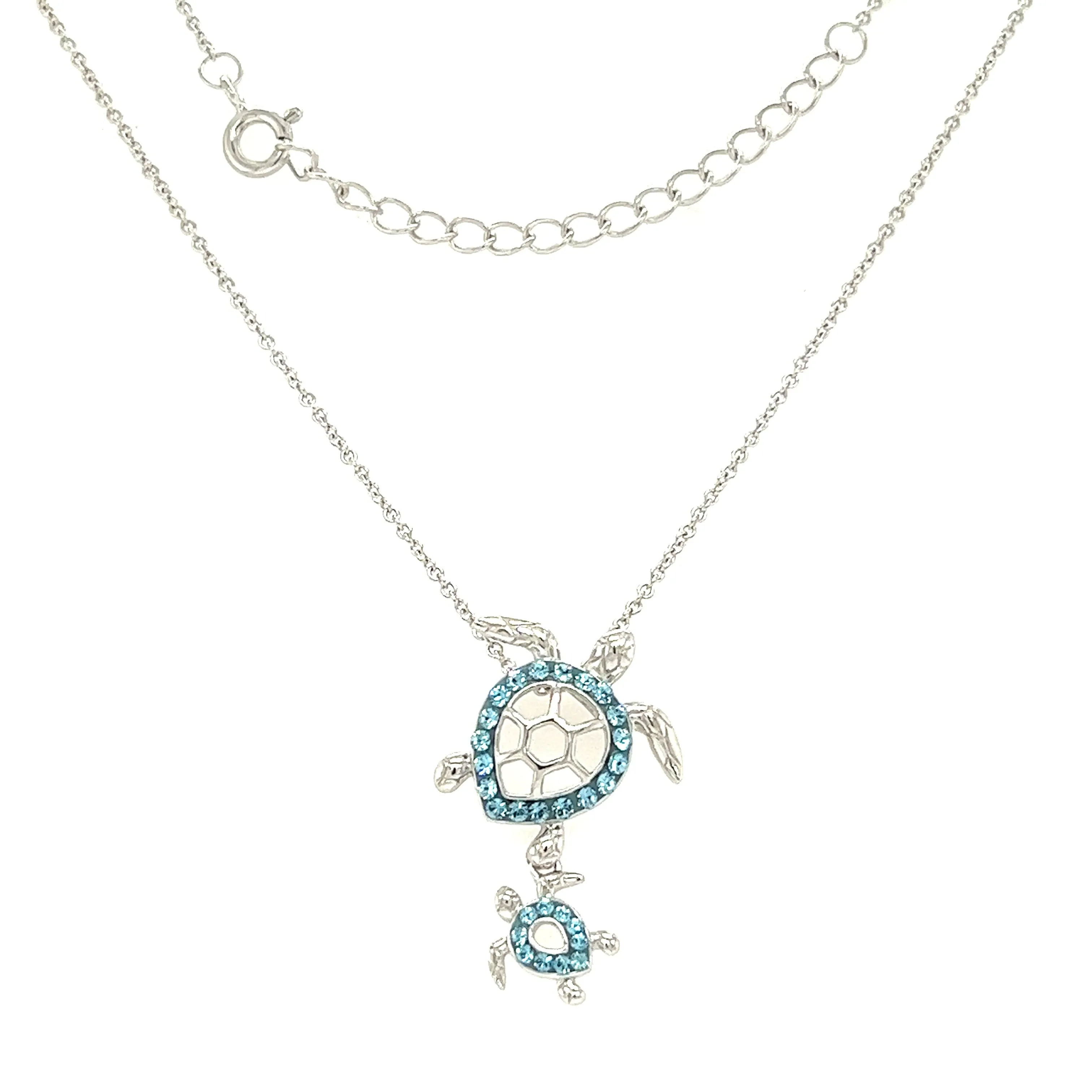 Mother and Baby Sea Turtle Necklace with Aqua Crystals in Sterling Silver