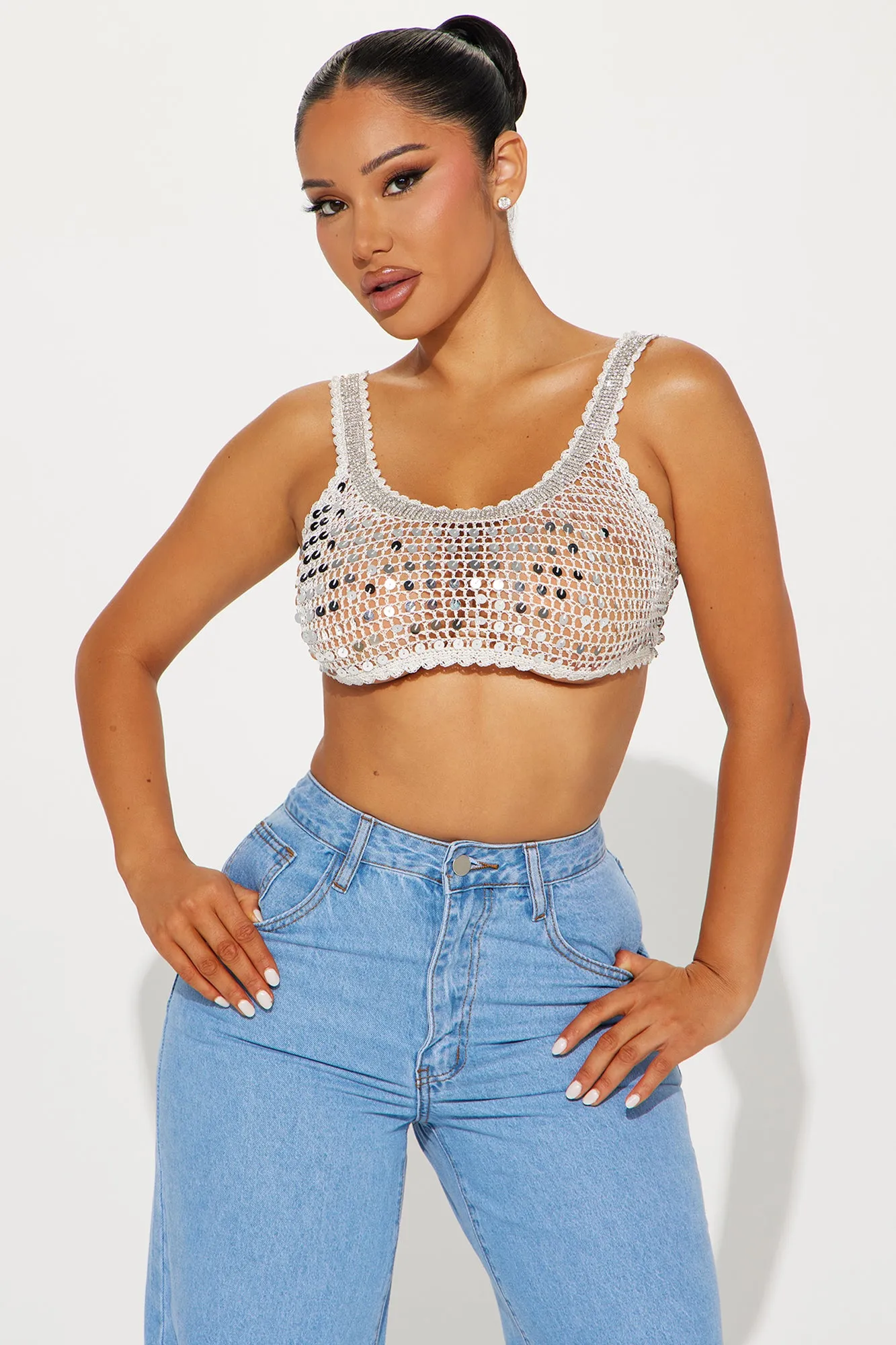 My Time To Shine Crochet Top - White/Silver