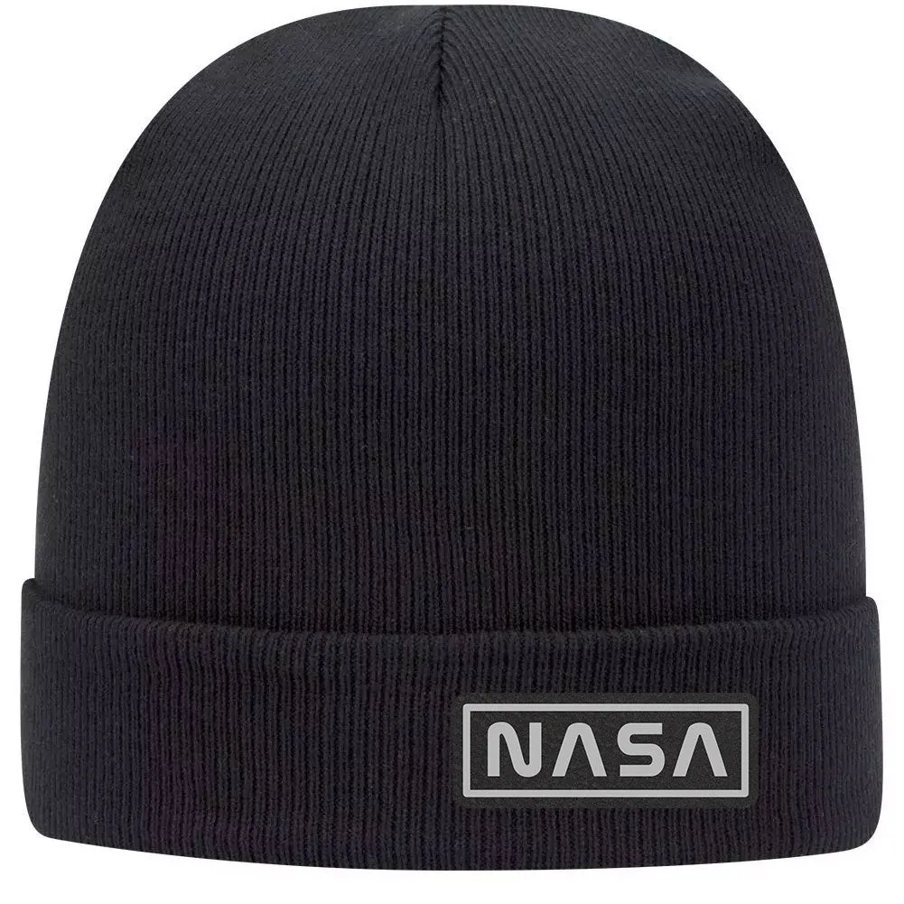 NASA Letter Leatherette Patch Superior Cotton Blend 12" Classic Knit Cuff Beanies for Men & Women