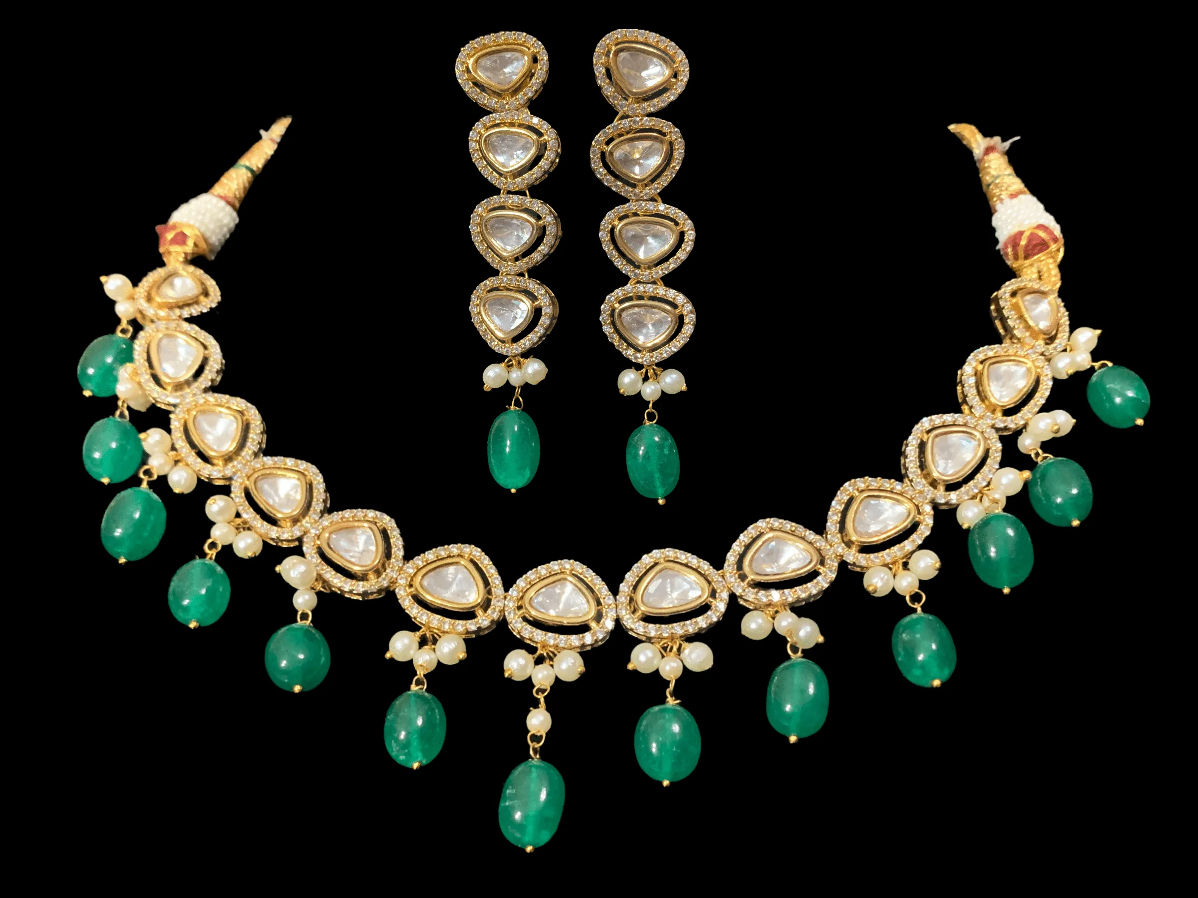 NS1 Surabhi cz polki set with green beads ( SHIPS IN 4 WEEKS)