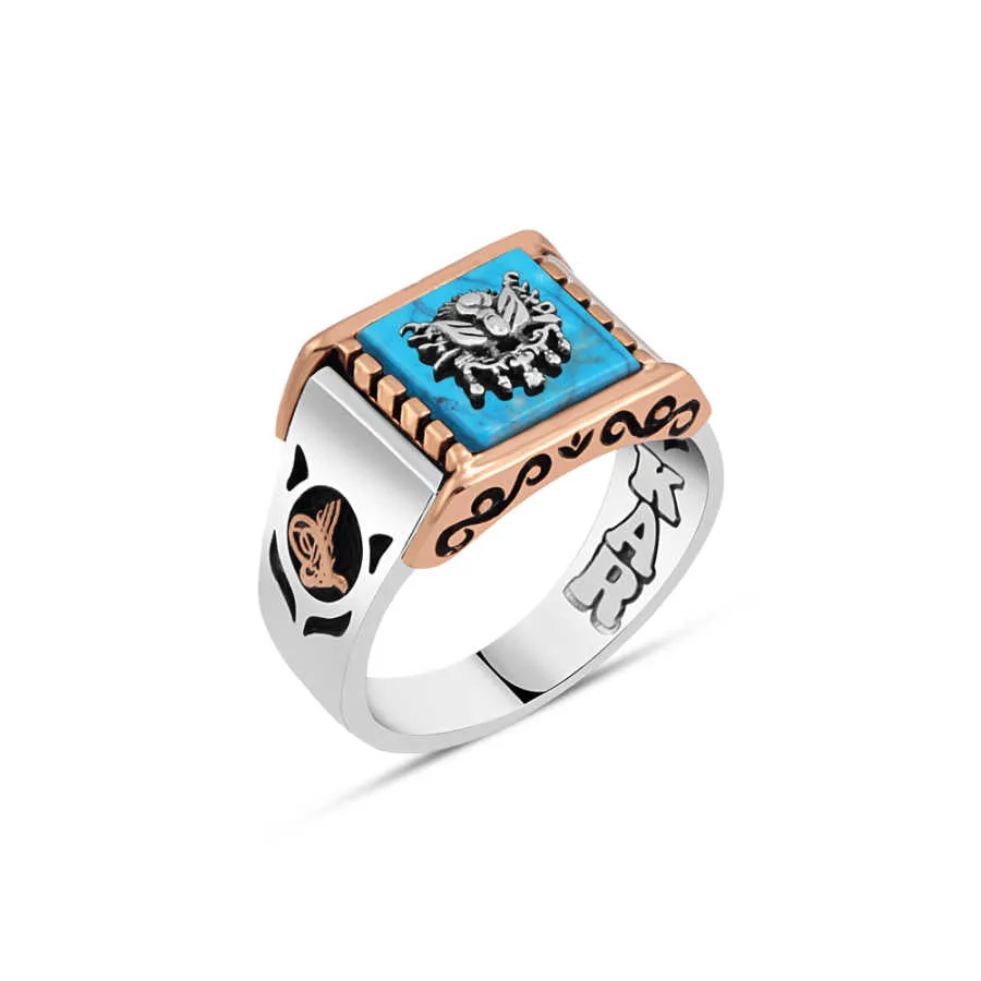 Ottoman Coat of Arms on Square Turquoise Stone with Pattern Silver Men’s Ring Siding Ottoman Tughra