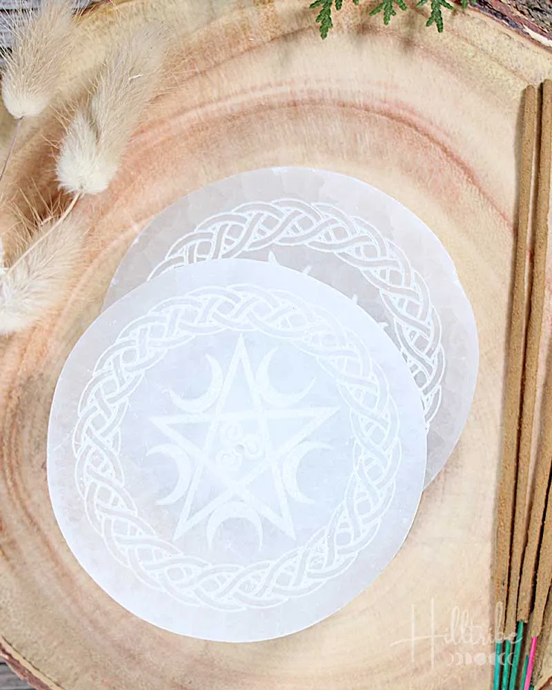 Pentacle Etched Selenite Incense Holder