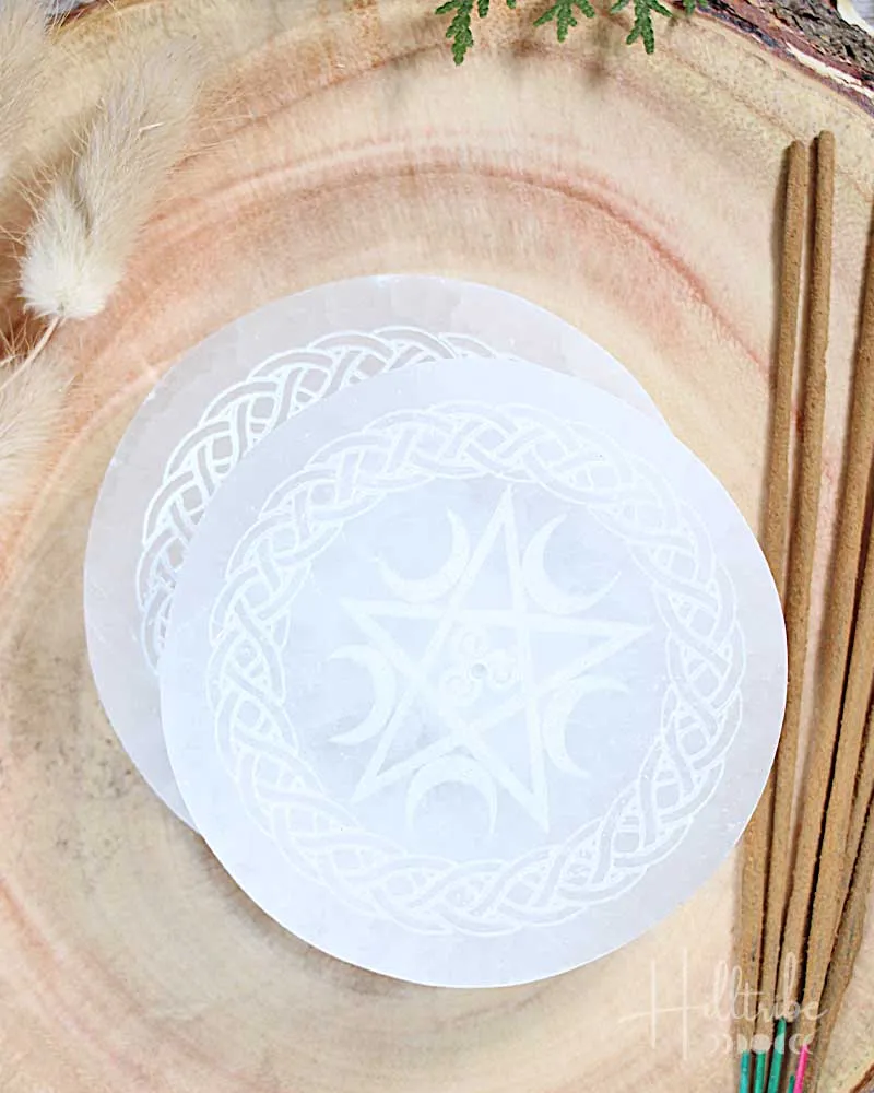 Pentacle Etched Selenite Incense Holder