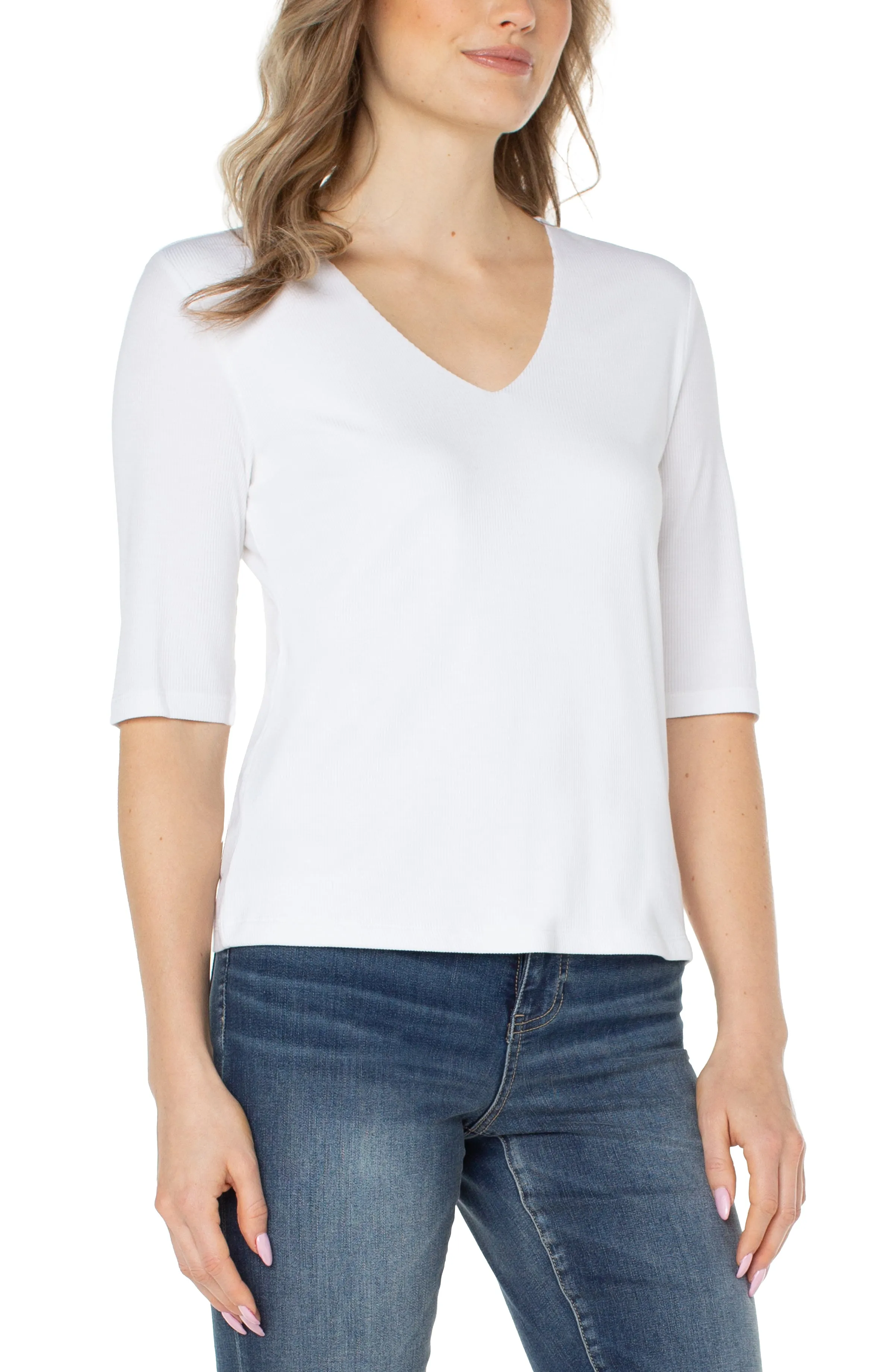 PETITE DOUBLE LAYER V-NECK RIB KNIT TOP