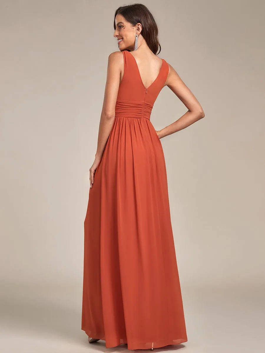 Pleated Sleeveless V-Neck Chiffon Maxi Dress