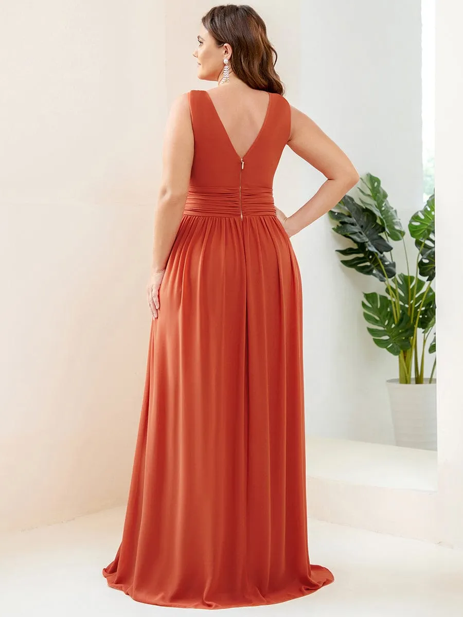 Pleated Sleeveless V-Neck Chiffon Maxi Dress