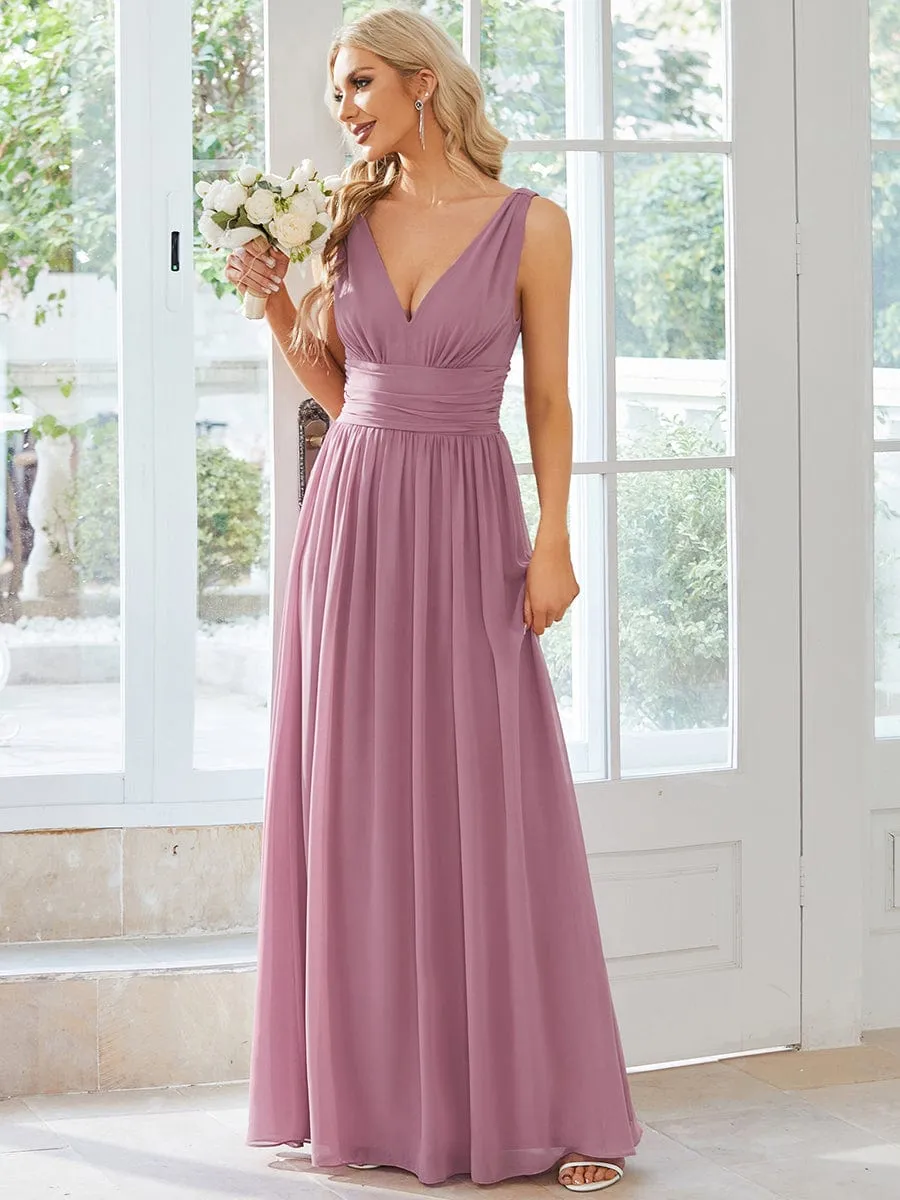 Pleated Sleeveless V-Neck Chiffon Maxi Dress