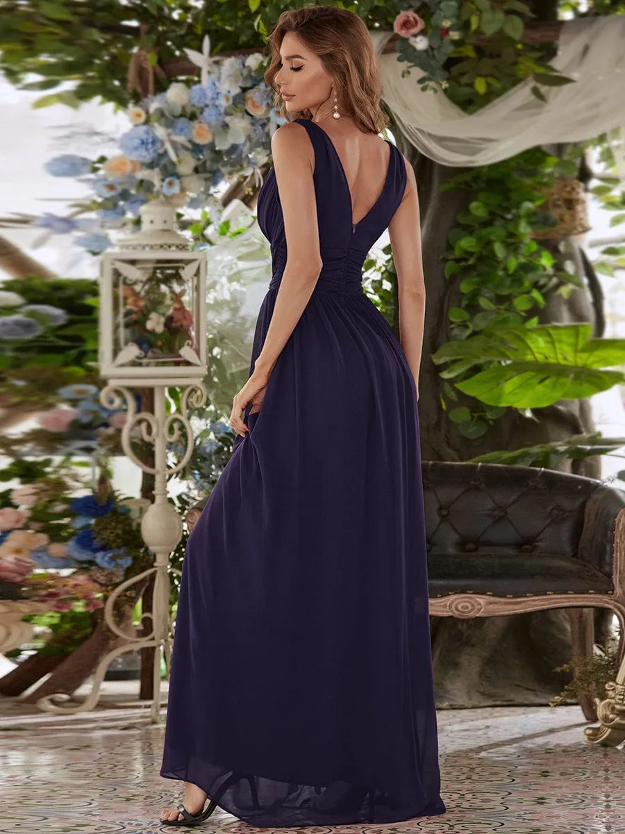 Pleated Sleeveless V-Neck Chiffon Maxi Dress