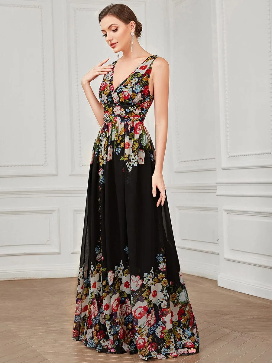 Pleated Sleeveless V-Neck Chiffon Maxi Dress