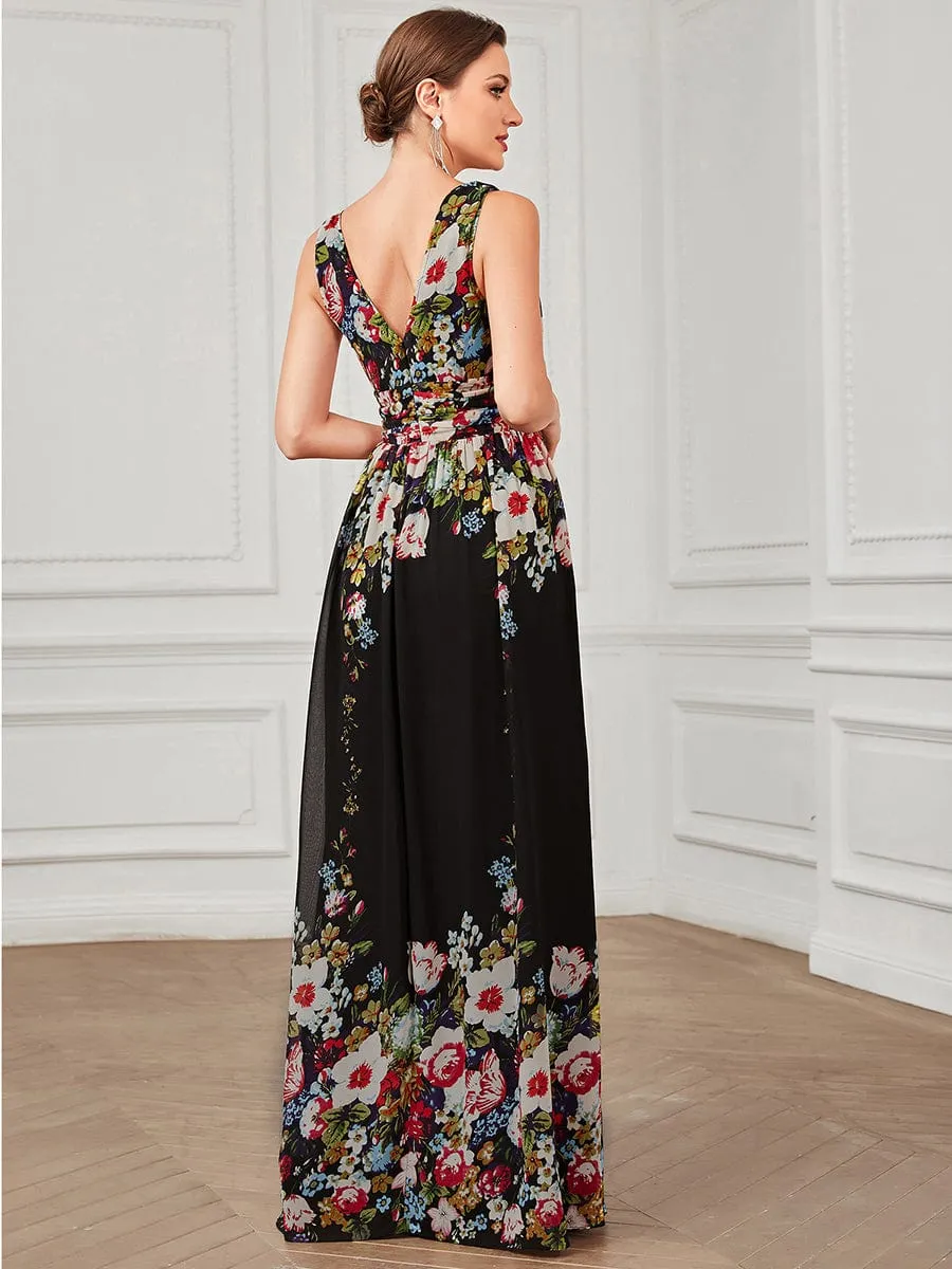 Pleated Sleeveless V-Neck Chiffon Maxi Dress