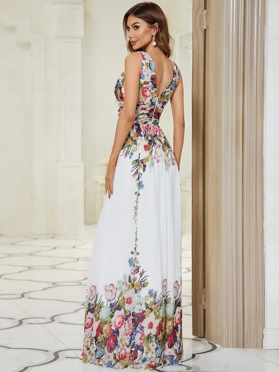 Pleated Sleeveless V-Neck Chiffon Maxi Dress