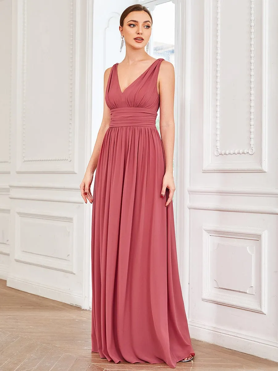 Pleated Sleeveless V-Neck Chiffon Maxi Dress