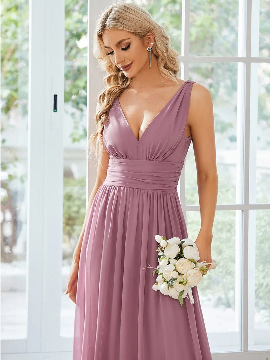 Pleated Sleeveless V-Neck Chiffon Maxi Dress