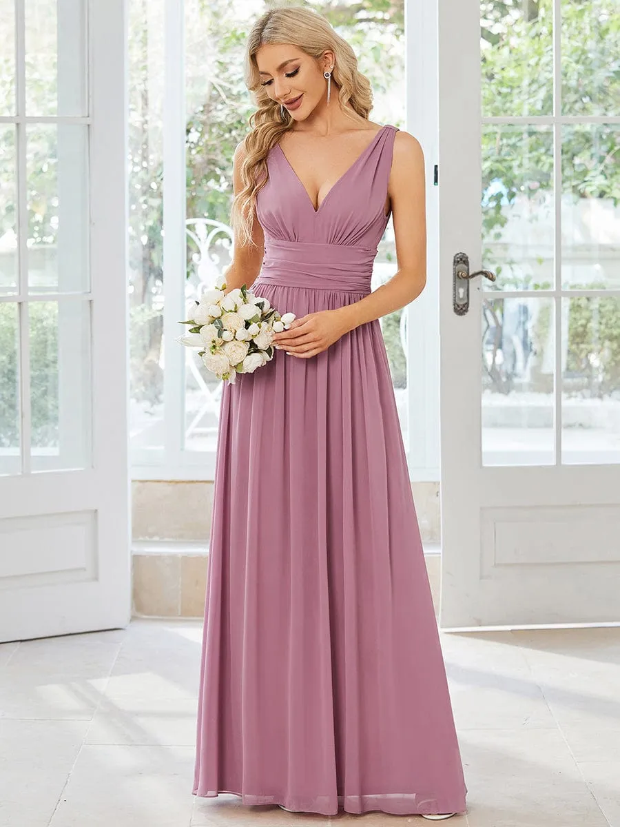 Pleated Sleeveless V-Neck Chiffon Maxi Dress